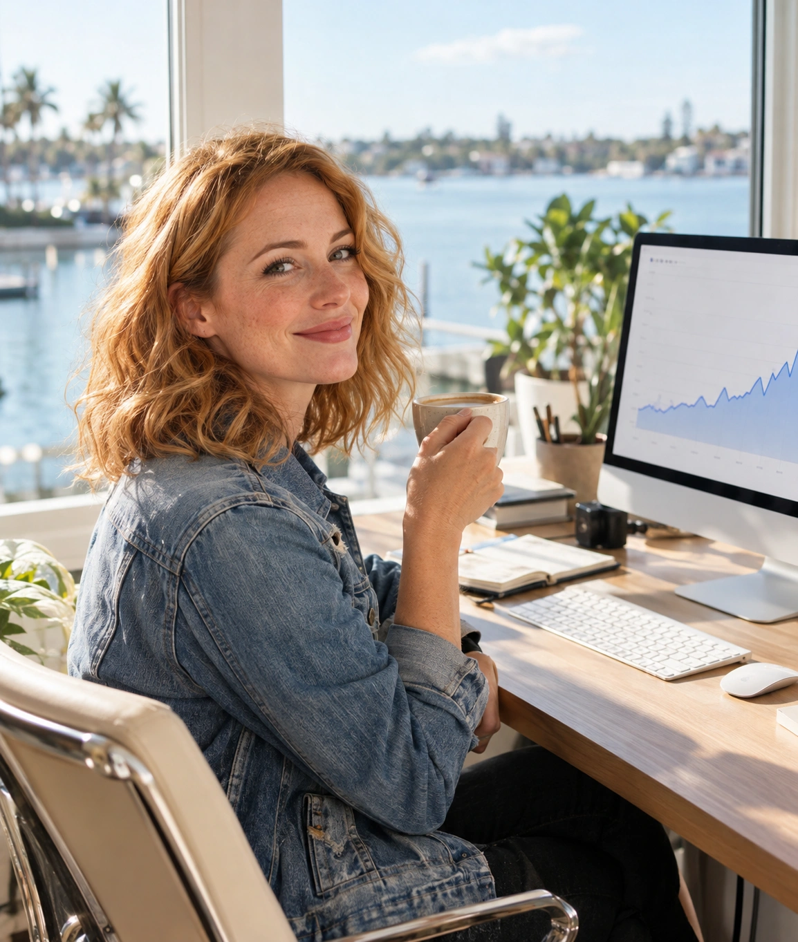 Kate Hollis at her desk with a rising traffic graph on screen
